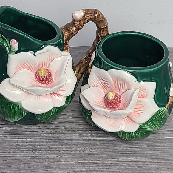 Fitz & Floyd Magnolia Blossom Cream Sugar with Lid Spoon 1995 - Picture 5 of 7